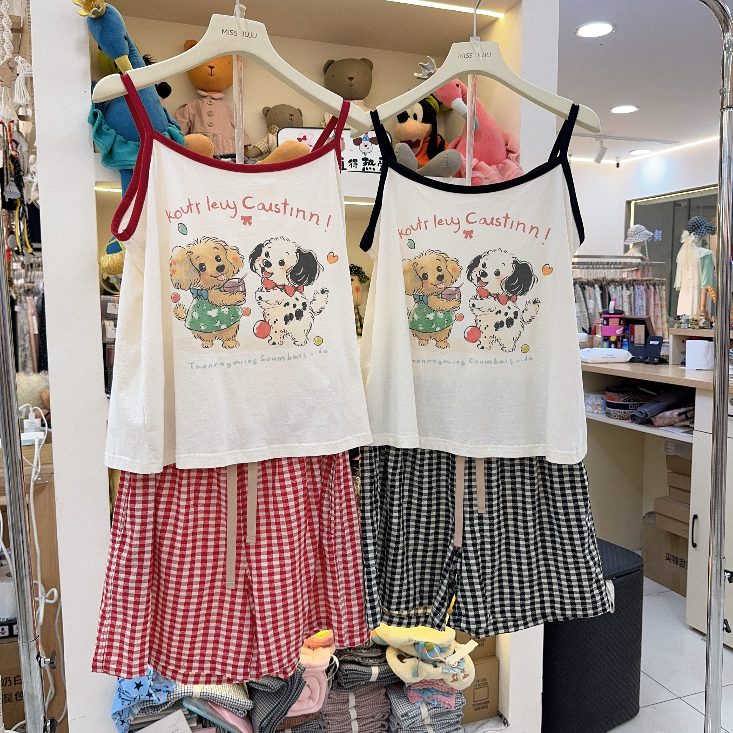2025新款少女卡通印花吊带短裤睡衣女夏季纯棉背心格子家居服9197