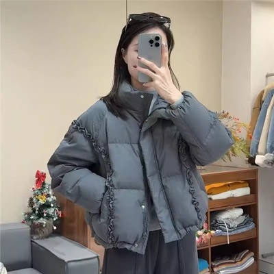 WHISPER*25AW小众潮牌联名立领木耳边加厚保暖百搭棉服外套女