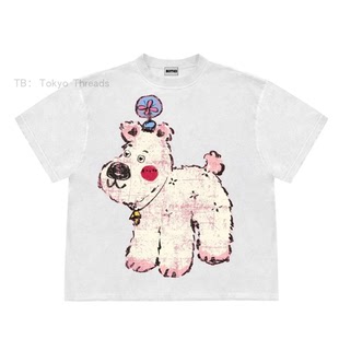 WHISPER*25SS 小众潮牌联名脸红小狗粉色小花宽松短袖T恤