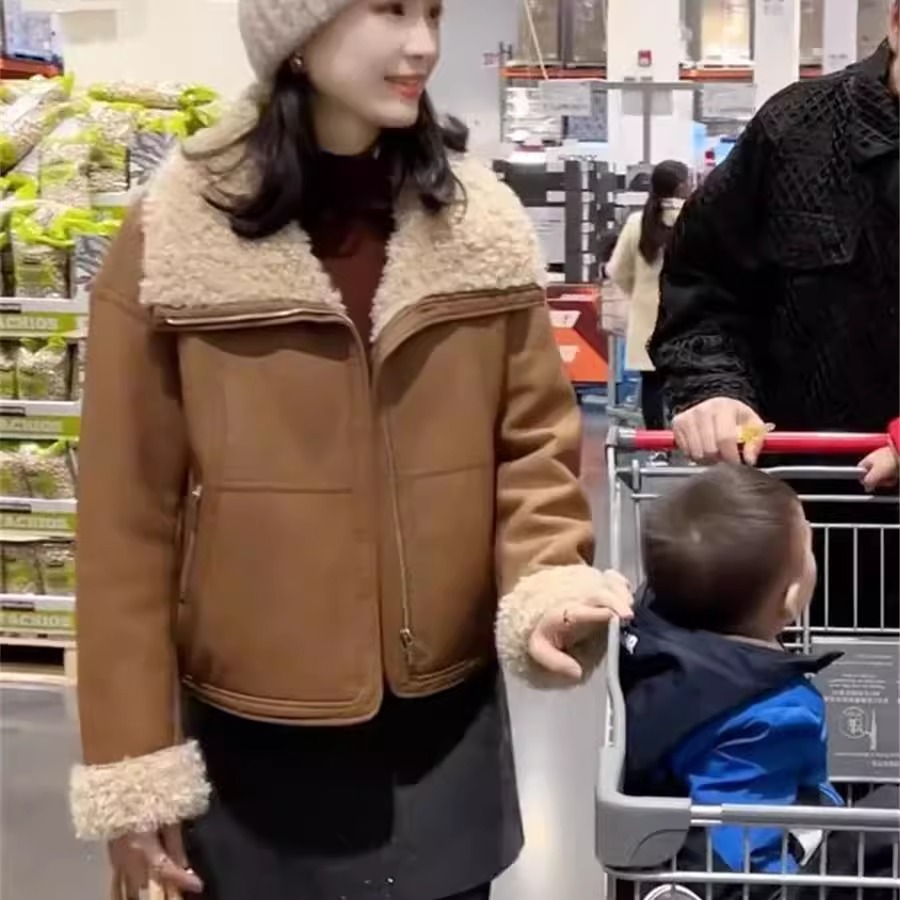 WHISPER*25AW小众潮牌联名加绒加厚麂皮绒皮毛一体夹克外套