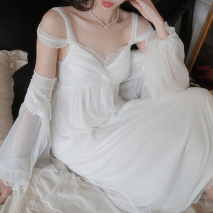 宫廷风带胸垫睡裙女夏季 蕾丝性感纯欲风睡衣裙晨袍两件套 新款 长袖