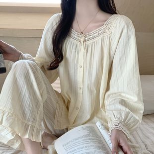 韩国睡衣女春夏季 蕾丝花边公主宽松女士高级感家居服 纯棉长袖 长裤