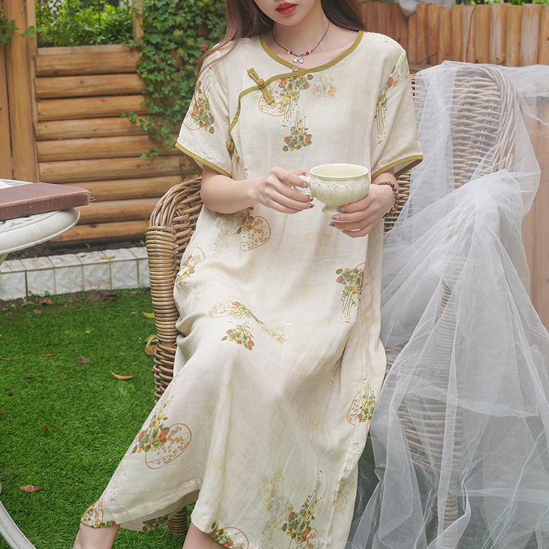 原创设计改良新中式国风盘扣汉服睡裙女夏季短袖凉感棉纱布睡衣