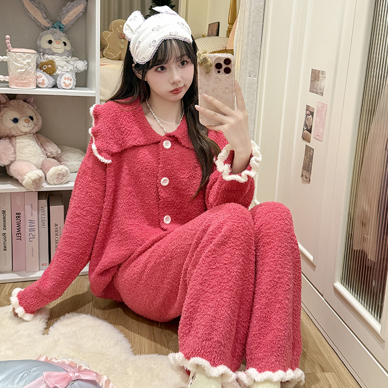 显白玫红色软绵绵半边绒睡衣女冬