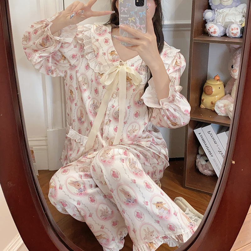 甜美小兔子睡衣女春夏秋冰丝长袖