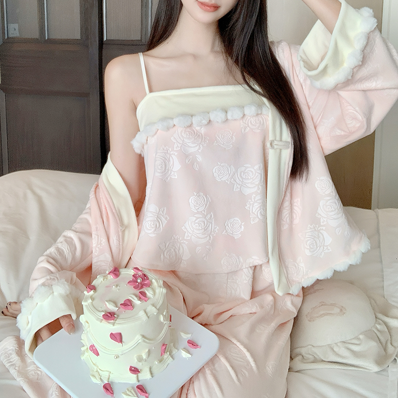 新中式睡衣秋冬季海岛绒甜美高级感家居服三件套装可外穿玫瑰提花
