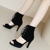 heels舞鞋 鱼嘴凉靴细跟中空凉鞋 女系带镂空短靴外贸爵士舞高跟鞋