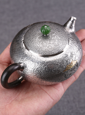 纯银一张打200毫升迷你泡茶壶功夫茶冲泡壶足银带过滤网镶金雕刻