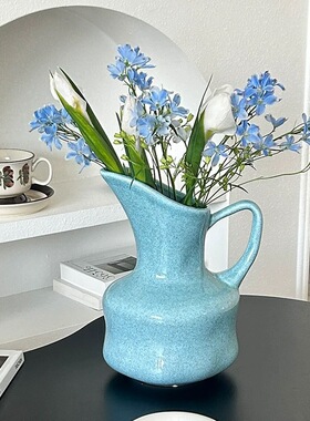 小清新蓝色手提陶瓷花瓶创意轻奢干花插花器皿软装装饰品客厅摆件