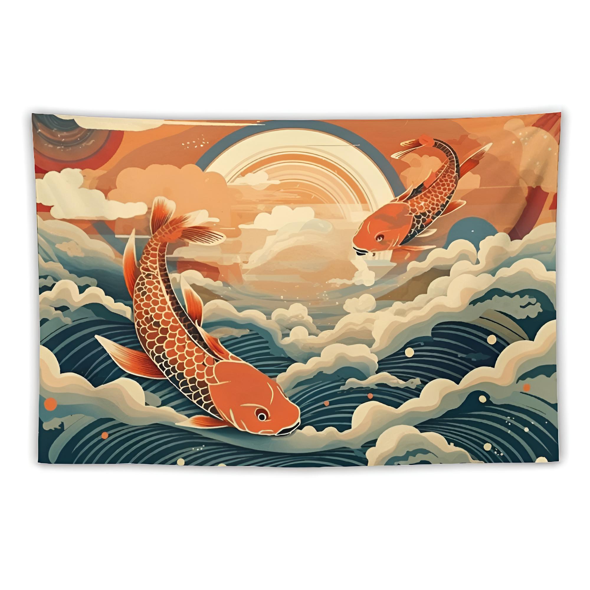 手绘招财祈福好运锦鲤鱼出租屋宿舍卧室装饰插画背景墙布海报挂布图片