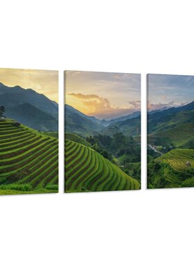 梯田丘陵山坡治愈美景自然景观背景墙帆布无框画三联组合装饰挂画