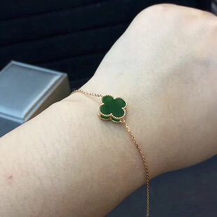 新品18K金镶玉新疆和田碧玉菠菜绿四叶幸运草手链女带鉴定证书