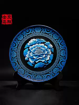 Jinwu charcoal carving blue and white hibiscus plate Home living room Chinese style decoration study decoration craft gift decoration creative gift