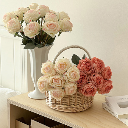 ins烤边玫瑰7头仿真花2025新款客厅插画花艺陶瓷花瓶桌面装饰摆件