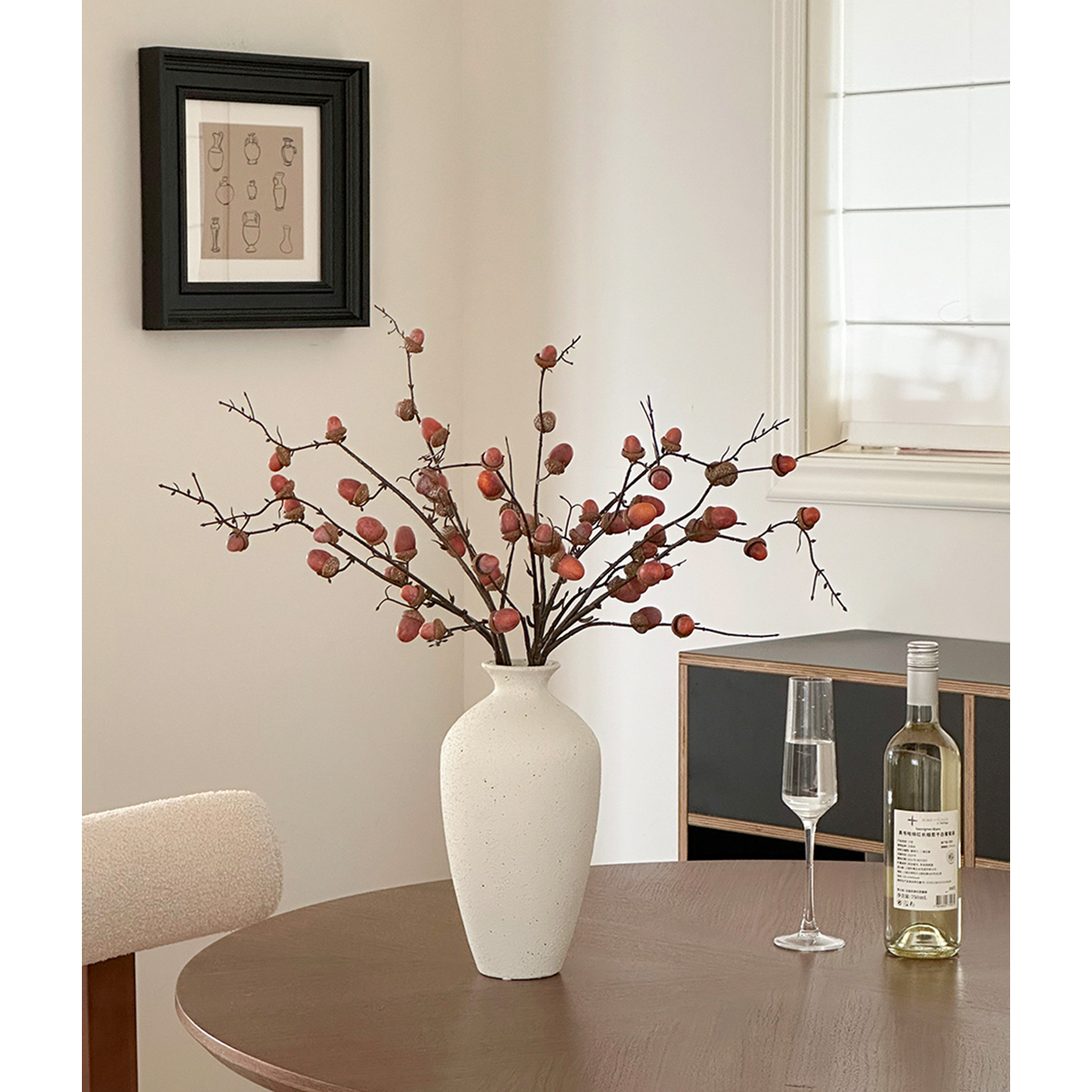 仿真橡果中古装饰摆件复古陶瓷花瓶老钱风仿真花餐桌花艺高级创意