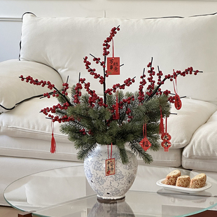 中式松针红果花瓶客厅茶几餐桌摆件装饰品陶瓷青花瓷风格家居饰品