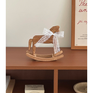 复古实木摇摇木马摆件法式 饰品中古风桌面摆件玄关高级 客厅玄关装