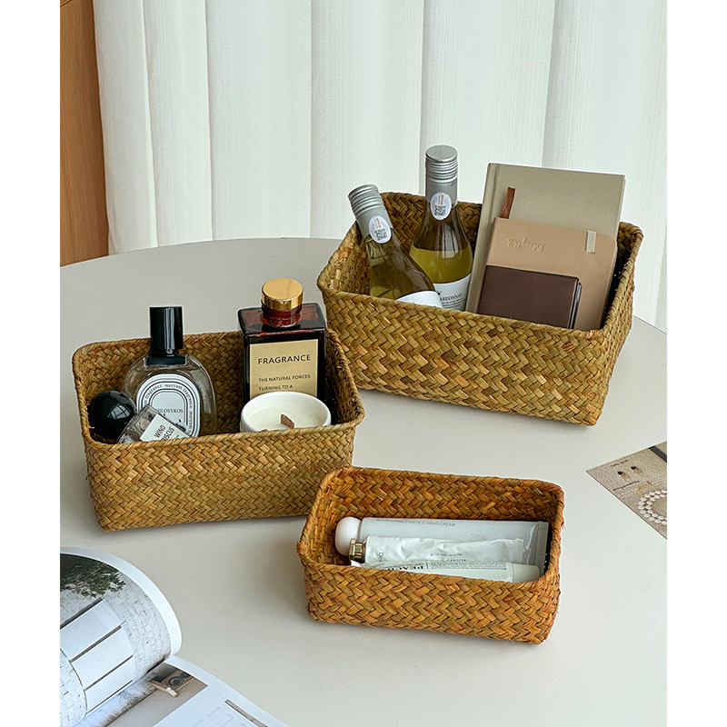 ins风日式草编收纳筐桌面收纳盒手工编织茶几零食床头杂物收纳篮,收纳整理,收纳筐,淘宝优惠券,粉丝福利购,淘宝优惠卷