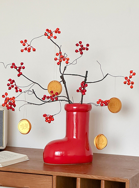 红果发财果钱币套装装饰摆件陶瓷花瓶乔迁祝福新年年宵花桌面红色