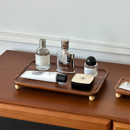 ins风复古木质香薰托盘摆件轻奢斗柜收纳梳妆台置物盘高脚展示盘