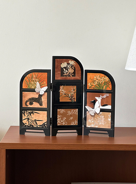 中古风桌面小屏风拍照道具棕色复古装饰摆件玄关柜三折叠博古架