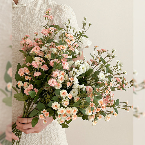 轻奢高端仿真花蔷薇多头小玫瑰插花假花摆设客厅湿感仿生花摆件