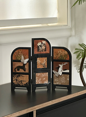 侘寂风装饰摆件复古三折叠玄关中古风桌面小屏风高级感拍照道具