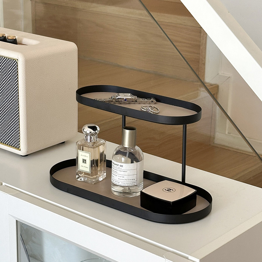 中古双层铁艺皮革置物架化妆品香薰香水玄关钥匙杂物桌面收纳盒盘