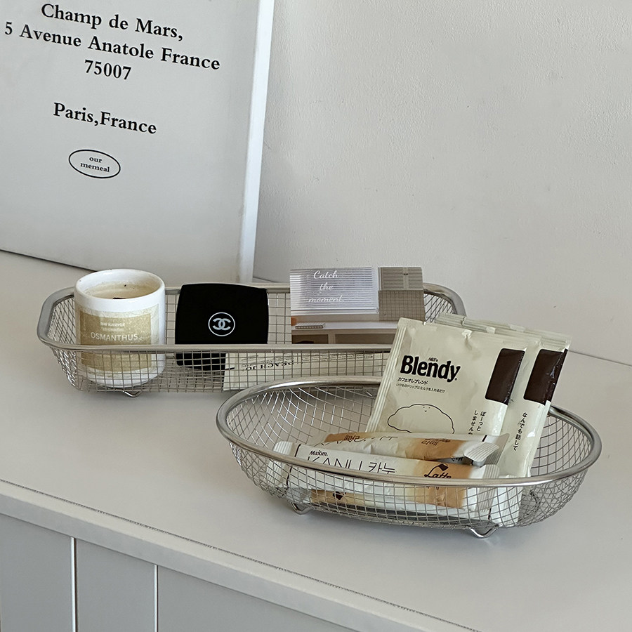 ins风高级感不锈钢铁艺化妆品收纳筐沥水桌面杂物收纳盒储物篮子,收纳整理,收纳筐,淘宝优惠券,粉丝福利购,淘宝优惠卷
