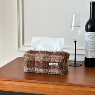 复古格子纸巾盒客厅餐厅高级感布艺抽纸盒桌面纸巾收纳盒餐巾纸套