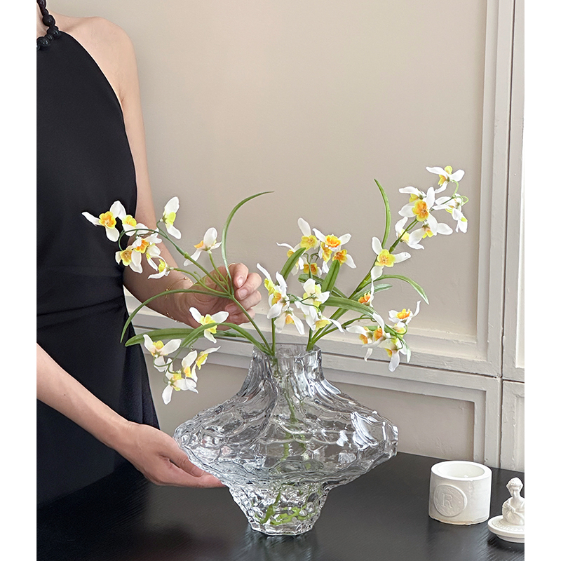 客厅插花小翠兰仿真花桌面装饰摆件轻奢高端香草叶玻璃花瓶高级感