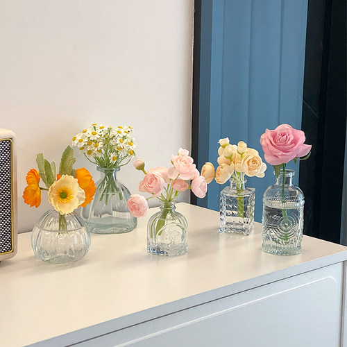 复古小玻璃花瓶插花高级感迷你ins法式透明水培办公桌面装饰摆件