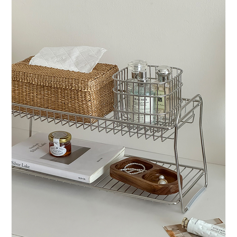 桌面双层收纳架铁艺不锈钢办公桌置物架宿舍收纳盒杂物香水整理架