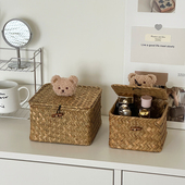 藤编收纳筐家用桌面杂物编织收纳篮整理储物筐玩具零食收纳盒带盖