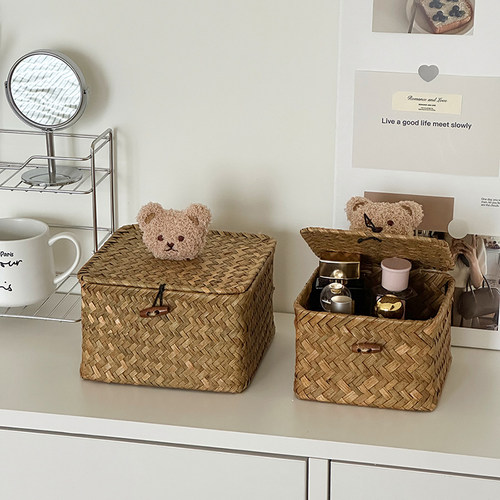 藤编收纳筐家用桌面杂物编织收纳篮整理储物筐玩具零食收纳盒带盖