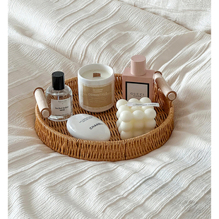 拍照道具韩系仿藤编收纳托盘香薰木质ins装饰摆件收纳筐展示高级