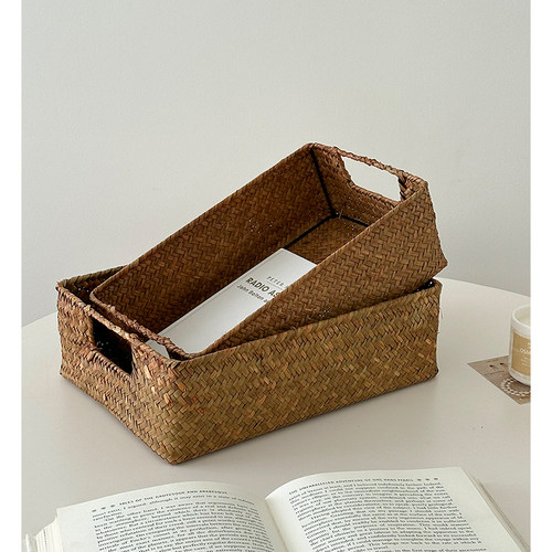 日式桌面收纳盒手工编织长方形收纳筐ins茶几零食书桌杂物收纳篮