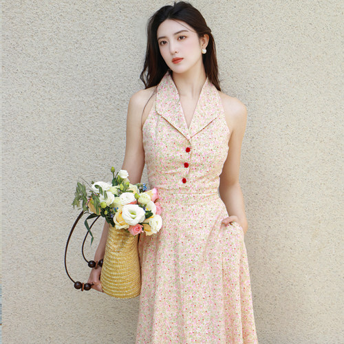 juju定制夏季碎花裙无袖连衣裙