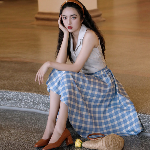 赫本风格子半身裙收腰气质大摆裙