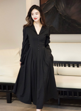 JUJU定制法式复古气质名媛长袖V领连衣裙通勤收腰显瘦裙子女秋季