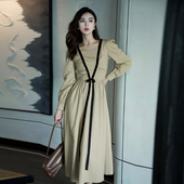 复古法式 宫廷风方领优雅收腰连衣裙女学院风教师裙设计感压褶长裙