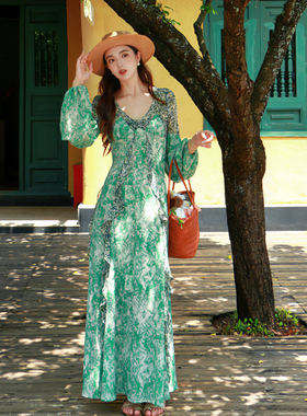 JUJU定制明星同款春夏度假长裙荷叶边绿色碎花v领长袖连衣裙女