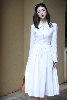 JUJU白色衬衫式收腰连衣裙女大摆气质通勤显瘦小众高级感长裙裙子