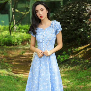 法式少女连衣裙仙女超仙甜美中长裙小清新碎花收腰显瘦桔梗裙夏季