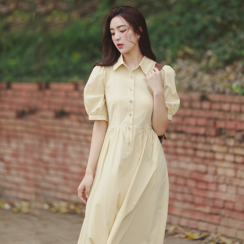 显白优雅气质泡泡短袖衬衫连衣裙