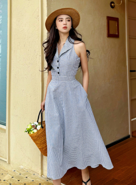 juju法式无袖连衣裙显瘦大摆复古黑白格子港风气质优雅裙子女夏季