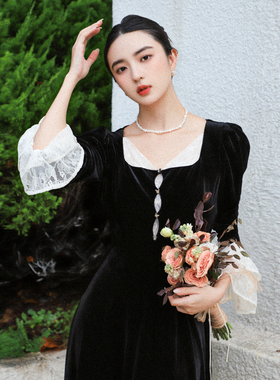 JUJU定制高级感千金风法式宫廷蕾丝撞色丝绒连衣裙女黑色长裙秋季