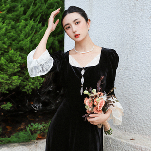 JUJU定制高级感千金风法式宫廷蕾丝撞色丝绒连衣裙女黑色长裙秋季