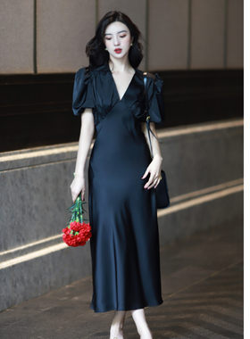 JUJU定制复古泡泡短袖连衣裙V领高级感气质长裙设计感裙子女春夏