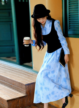 JUJU学院风黑色拼接假两件条纹长袖连衣裙女设计感收腰衬衫裙春秋